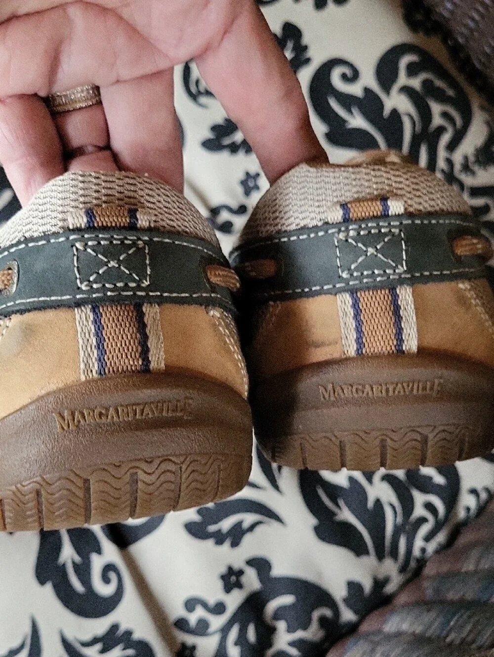 Margaritaville Men's Boat Shoes in Tan and Gray with Mesh Panels